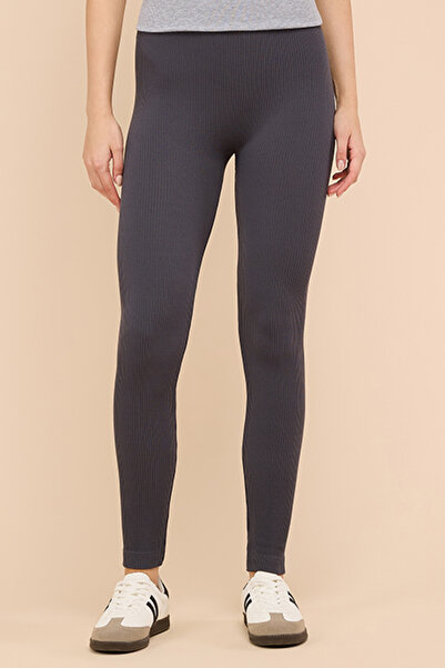 R&B Women's Gray Solid Leggings with Elastic Waist