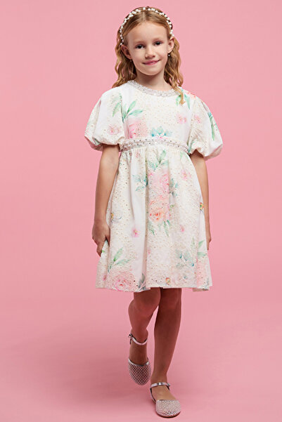 R&B Girl's Pink Schiffli A-Line Dress with Crew Neck and Puff Sleeves