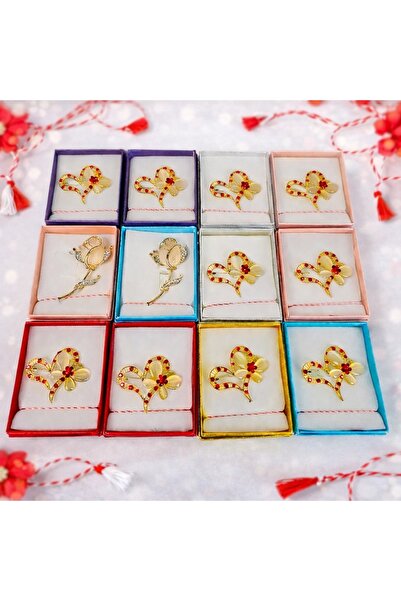 velve Set of 12 elegant brooch-type martisoras, floral and heart designs, ind...