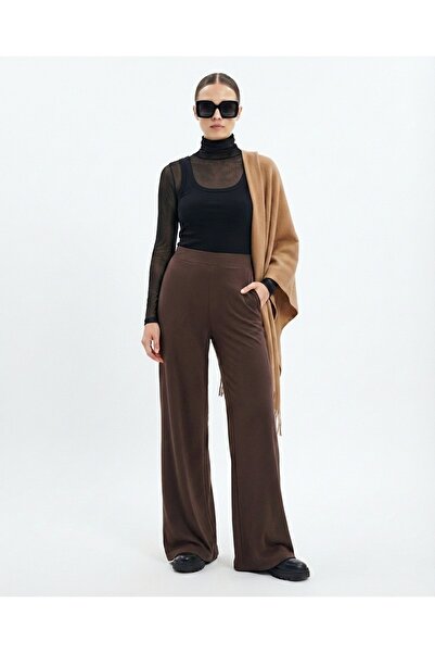 Grenj Fashion Brown Soft Textured Wide Leg High Waist Knitted Trousers