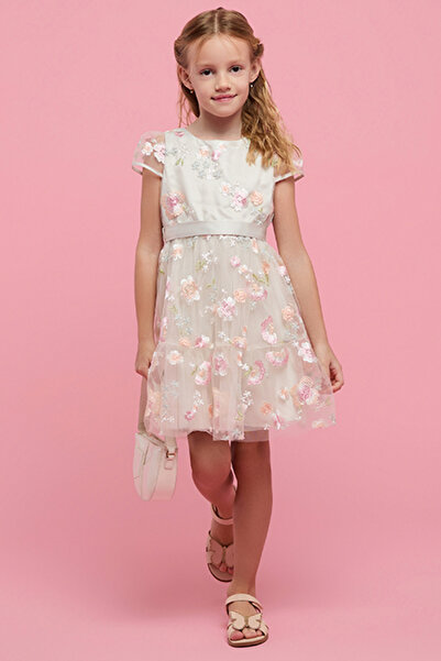 R&B Girl's Green Embroidered Dress with Crew Neck and Cap Sleeves
