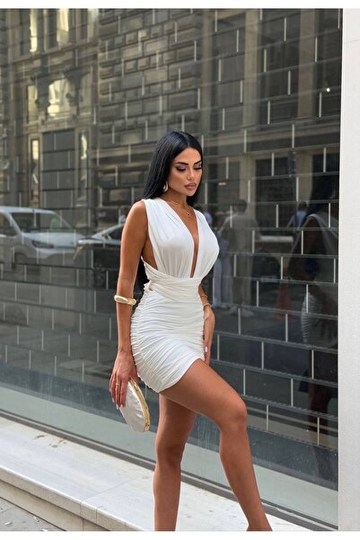 NİCE STYLE Women's Ruched Detail Tie-Up Full Lycra Dress