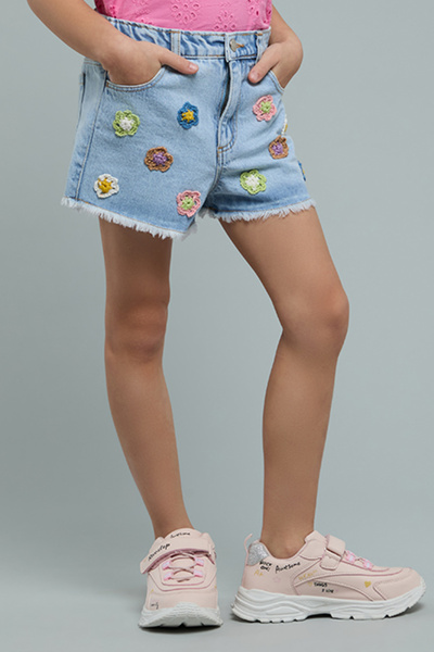 R&B Girl's Blue Embroidered Denim Shorts with Button Closure