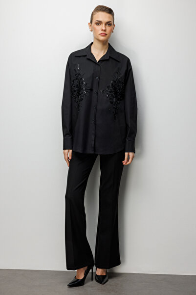 Ekol Boncuk İşlemeli Oversize Pamuk Gömlek 2808