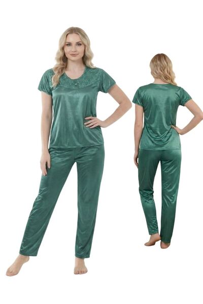Comfort Women Emerald Green Satin Nightwear Set Lace Neck Relaxed Fit