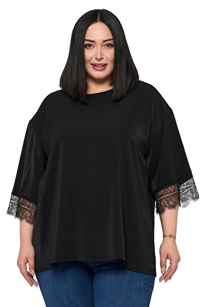 DISENTIS MODEST Plus Size Lace Detailed Half Sleeve Black Blouse