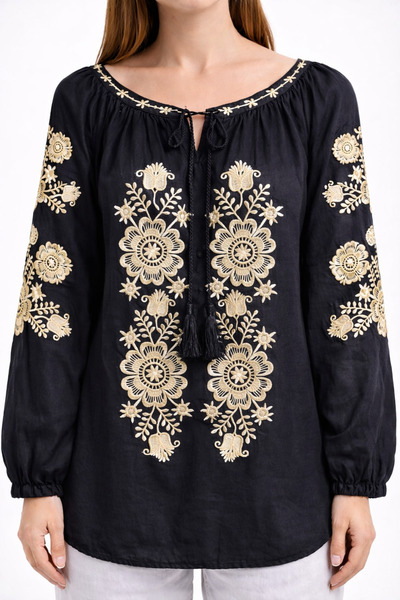 Nobrand Black lady's blouse with traditional cream embroidery, viscose blouse...