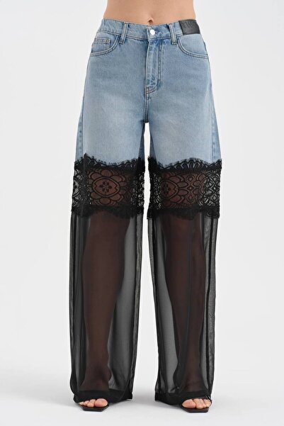 tw3 Γυναικείο τζιν παντελόνι Palazzo με δαντέλα και λεπτομέρειες από ύφασμα σ...