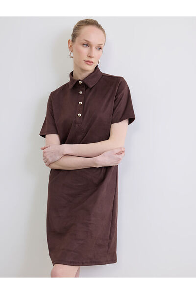 LC Waikiki Lcw Everyday Brown Polo Collar Suede-Look Mini Dress