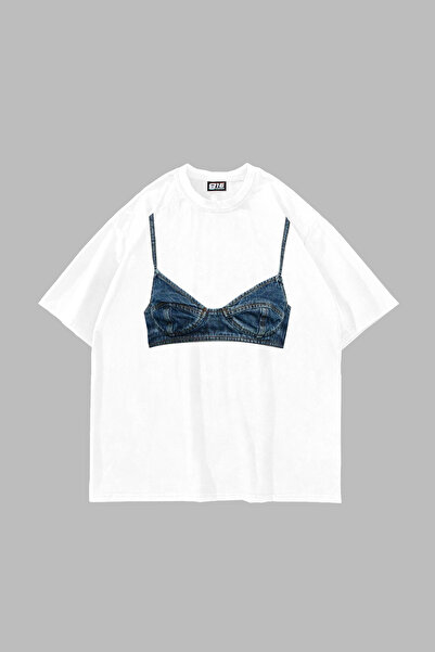 Sekizbiraltı Tricou alb unisex supradimensionat cu imprimeu Denim Bra