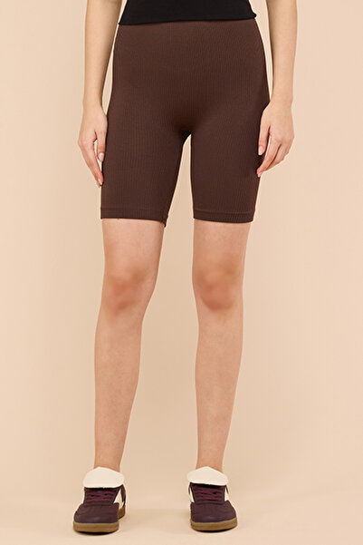 R&B Women's Brown Ribbed Biker Shorts