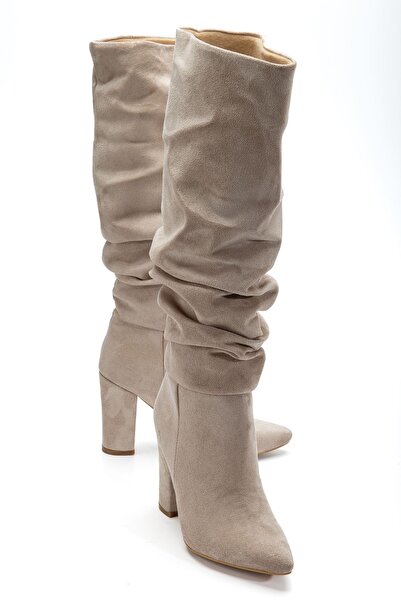 Zerenyus Exi̇n-4807 Premium Beige Suede Bellows Thick Heel Women's Boots