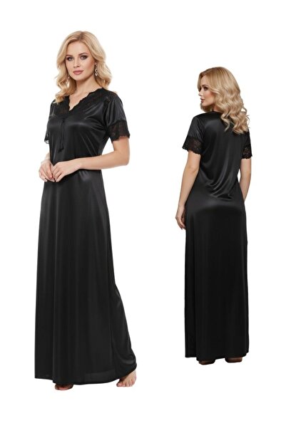 Comfort Women Black Satin Long Nightgown Elegant Lace Detailed Sleep Dress