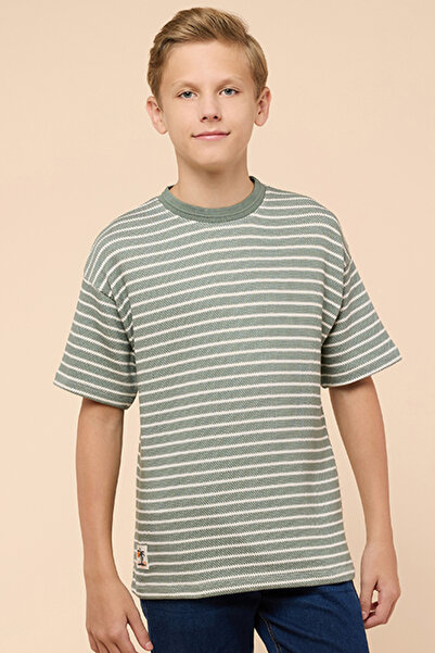 R&B Boy's Green Striped T-Shirt with Crew Neck and Short Sleeves
