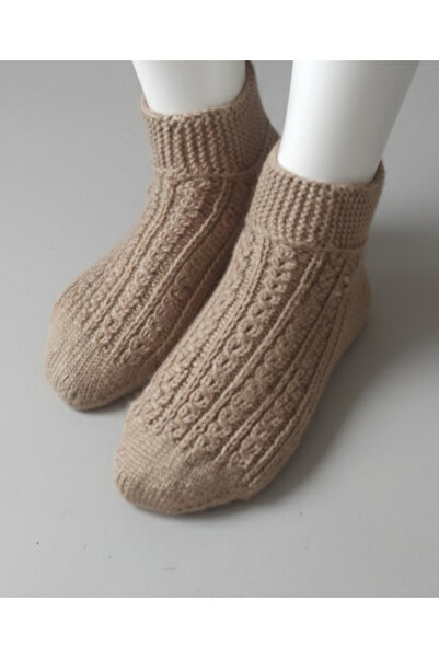 Handmade El Örgüsü Taba Rengi Desenli Kadın Patik - Yumuşak Dokulu