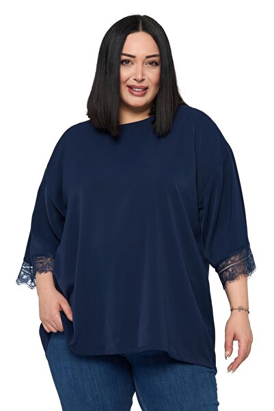 DISENTIS MODEST Plus Size Lace Detailed Half Sleeve Navy Blue Blouse