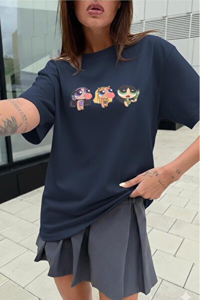 CAST COLLECTİON Γυναικείο μπλουζάκι με στάμπα PowerPufgirls σε μπλε ναυτικό χ...