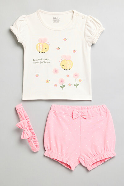 R&B Girl's Cream Printed Clothing Set with Headband