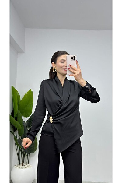 TUNAM BUTİK 1270 Kuruvaze Collar Side Brooch Detailed Blouse Black