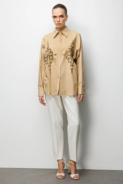 Ekol Boncuk İşlemeli Oversize Pamuk Gömlek 2808