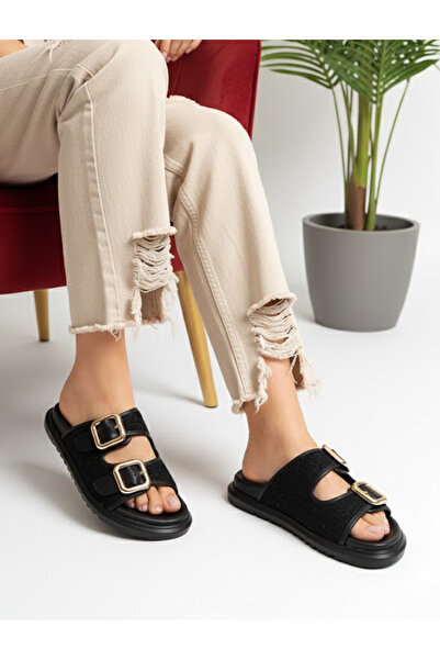 DUDYEN SHOES Μαύρες γυναικείες παντόφλες από ύφασμα τουίντ με διπλή πόρπη για...