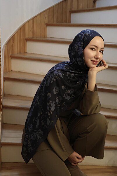 Şalland Vera Patterned Cotton Viscose Shawl Dark Navy Blue