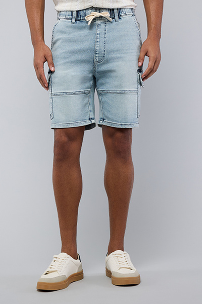R&B Men's Blue Washed Cargo Denim Shorts with Drawstring Waist