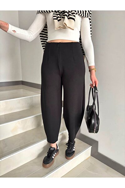Sude Kızanlıklı Pantaloni din țesătură creponată cu talie elastică