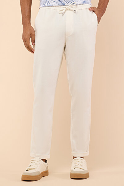 R&B Men's Cream Solid Pants with Drawstring Waist