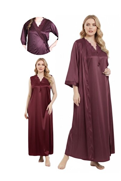 Comfort Women Burgundy Satin Nightwear Set Robe Sleeveless Lace Nightgown