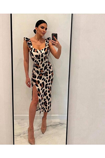 NİCE STYLE Women's Shoulder Ruffled Cap Detail Full Lycra Dress