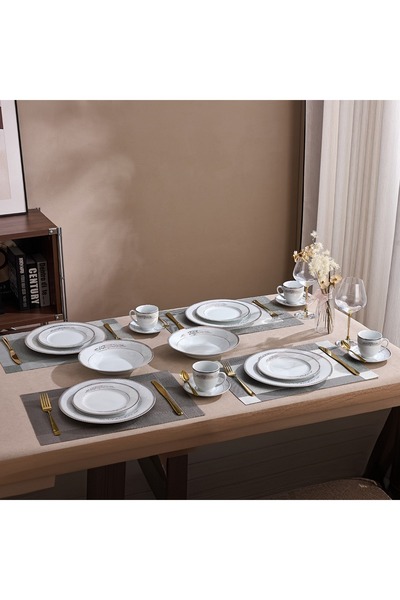 Malooki Silver & Gold Filigree Porcelain Dinner Set for 6 People, 30 Pieces, ...