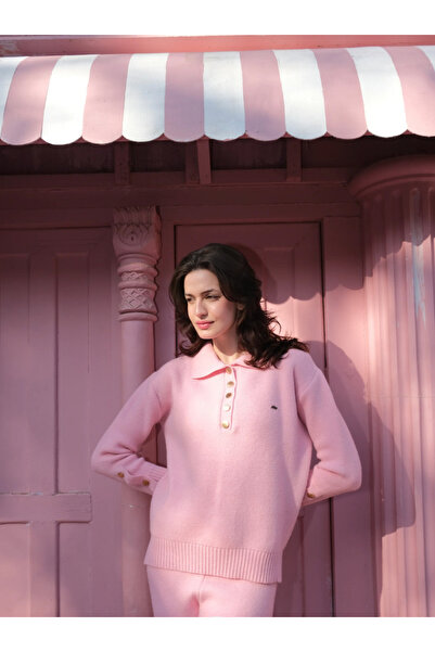 A&SUZ Knitted Cotton Buttoned Top in Pink