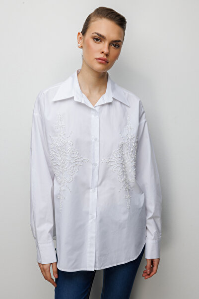 Ekol Boncuk İşlemeli Oversize Pamuk Gömlek 2808