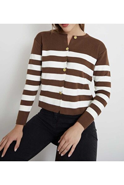 SolQ Women's Striped Knitwear Buttoned Basic Spring Thin Knit Cardigan