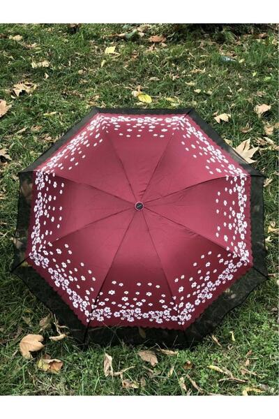 Rainwalker Rüzgarda Kırılmayan Kenarı Tüllü Papatya Desenli Bordo Kadın Şemsiye