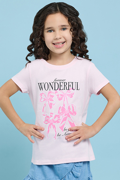 R&B Girl's Pink Printed T-Shirt with Crew Neck and Short Sleeves