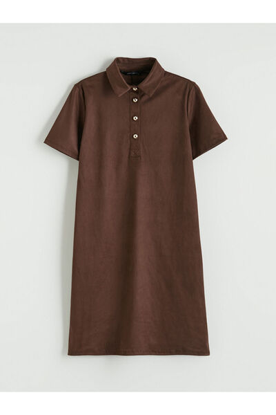 LC Waikiki Brown Polo Collar Suede Look Mini Dress by Güli̇s Gi̇yi̇m