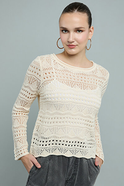 R&B Women's Ecru Open-Work Top with Crew Neck and Long Sleeves