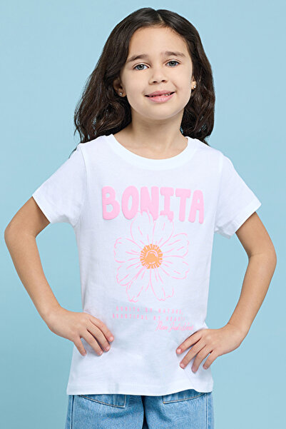 R&B Girl's Cream Printed T-Shirt with Crew Neck and Short Sleeves