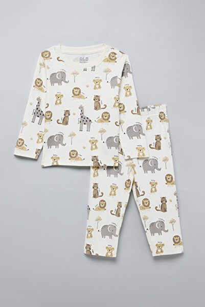 R&B طقم تيشيرت وبنطال مطبوع باللون الكريمي للأولاد