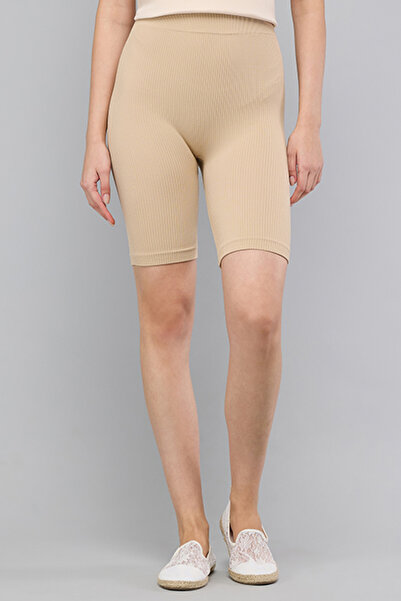 R&B Women's Beige Ribbed Biker Shorts