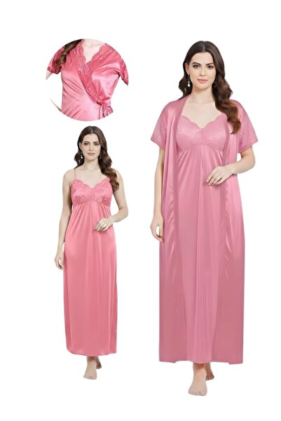Comfort Women Soft Pink Satin Nightwear Set Lace Nightdress Matching Robe