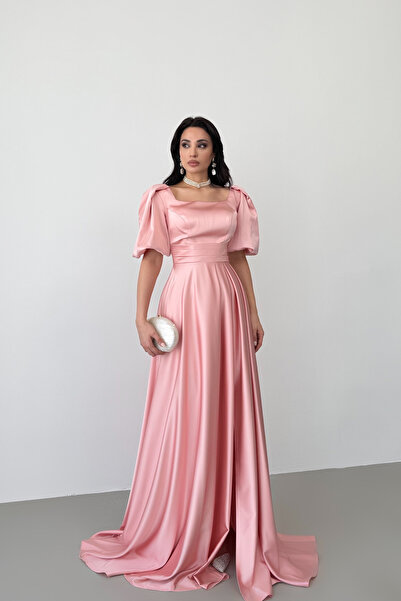 Serica Moda Pudra Kare Yaka Balon Kol Maxi Abiye Elbise