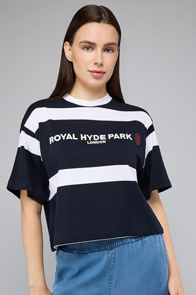 R&B Women's Dark blue Striped T-Shirt with Crew Neck and Short Sleeves