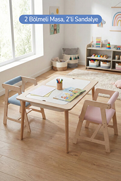 ROZİTOYS Montessori Çocuk Ahşap Oyun Etkinlik Çalışma Masası, 2 Sandalye Seti