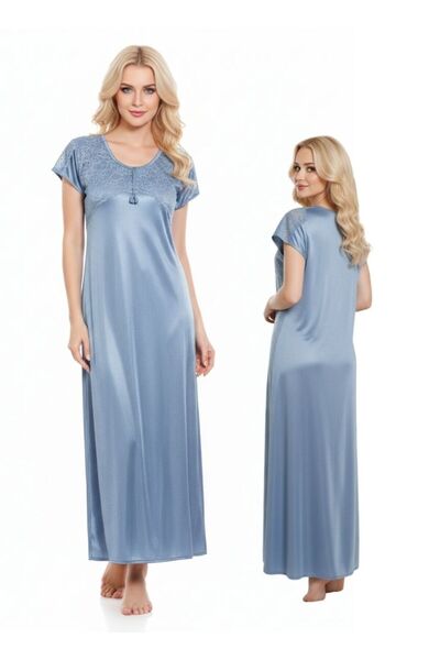 Comfort Women Soft Grey Satin Maxi Nightgown Short Sleeve Sleep Dress Lace Yoke