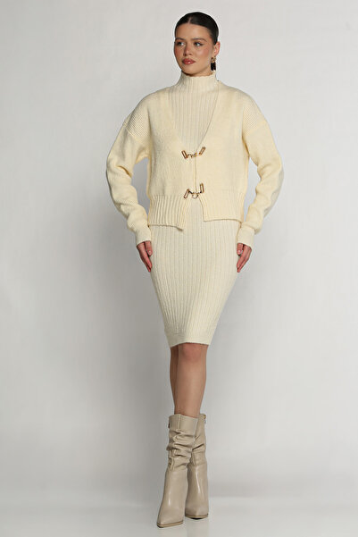 azragül giyim Women's Gold Detailed Knitwear Cardigan and Dress Two-Piece Set