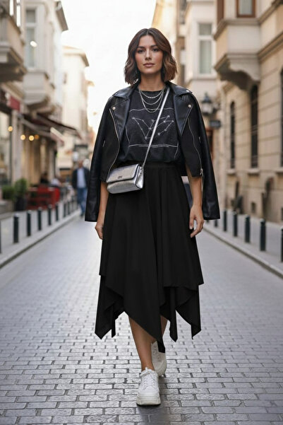 MİNUSA DESİGN Women's Asymmetrical Banana Crepe Double Layer Comfortable Fit ...