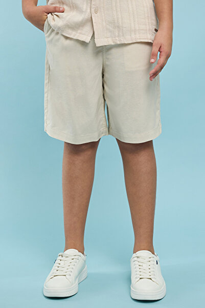 R&B Boy's Beige Solid Shorts with Button Closure